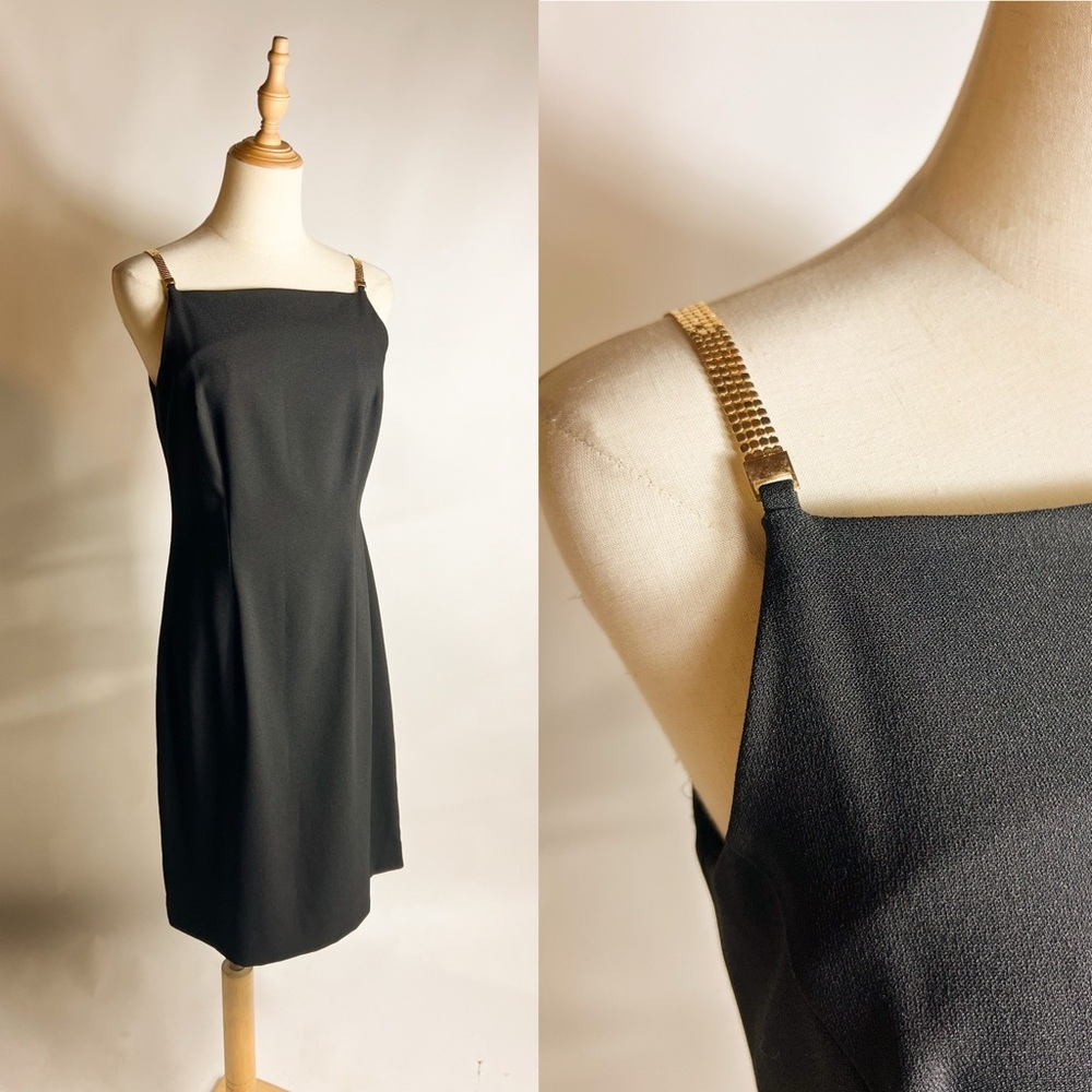VINTAGE 90s CDC Square Neck Gold Strap Little Black Dress Size 6